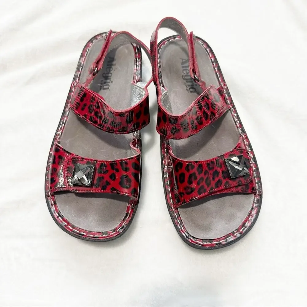 Alegria red snow leopard sandals open toe Velcro silver embellished size 37